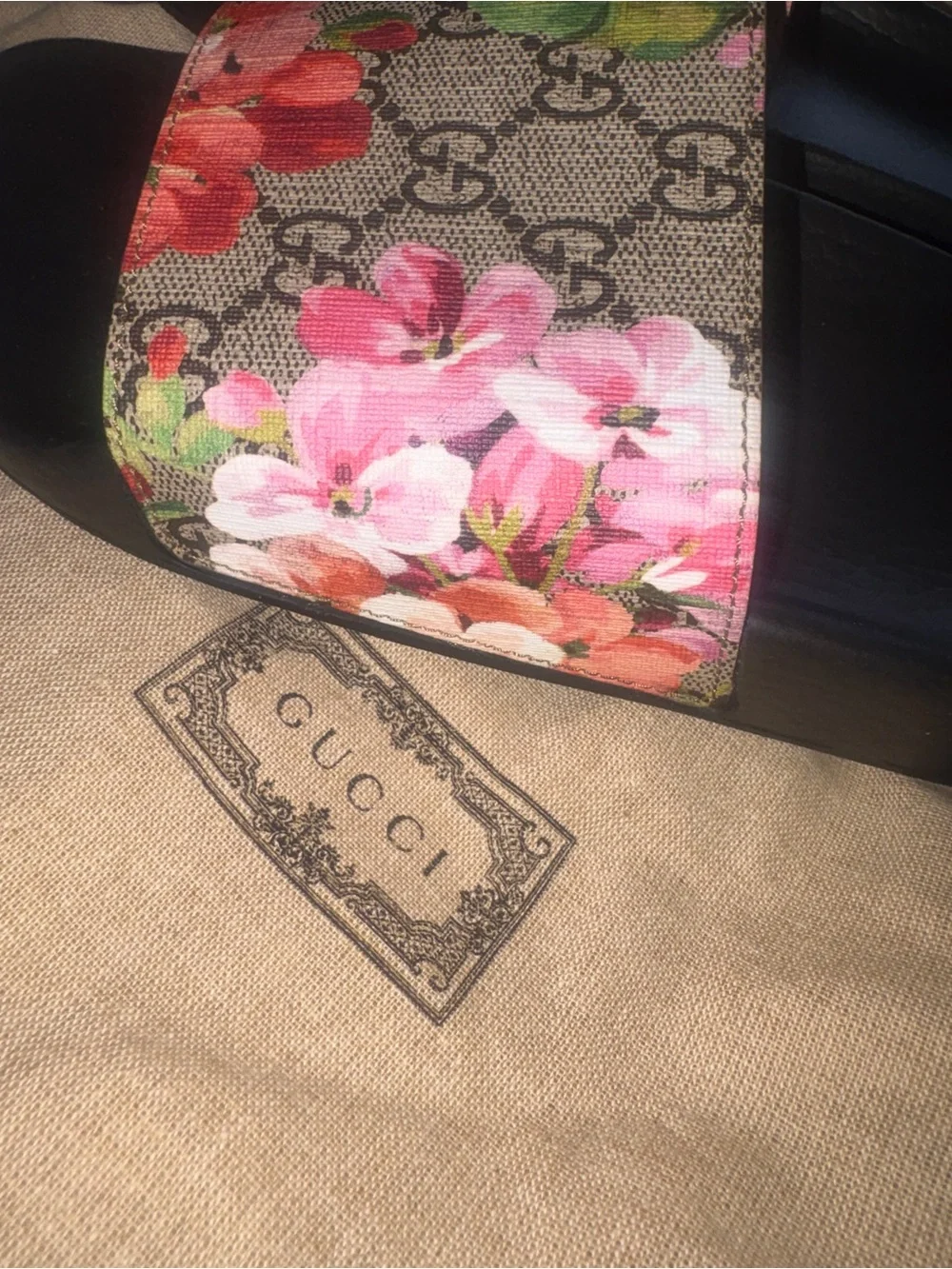 Gucci Black Slide Sandals with Floral Monogram Strap